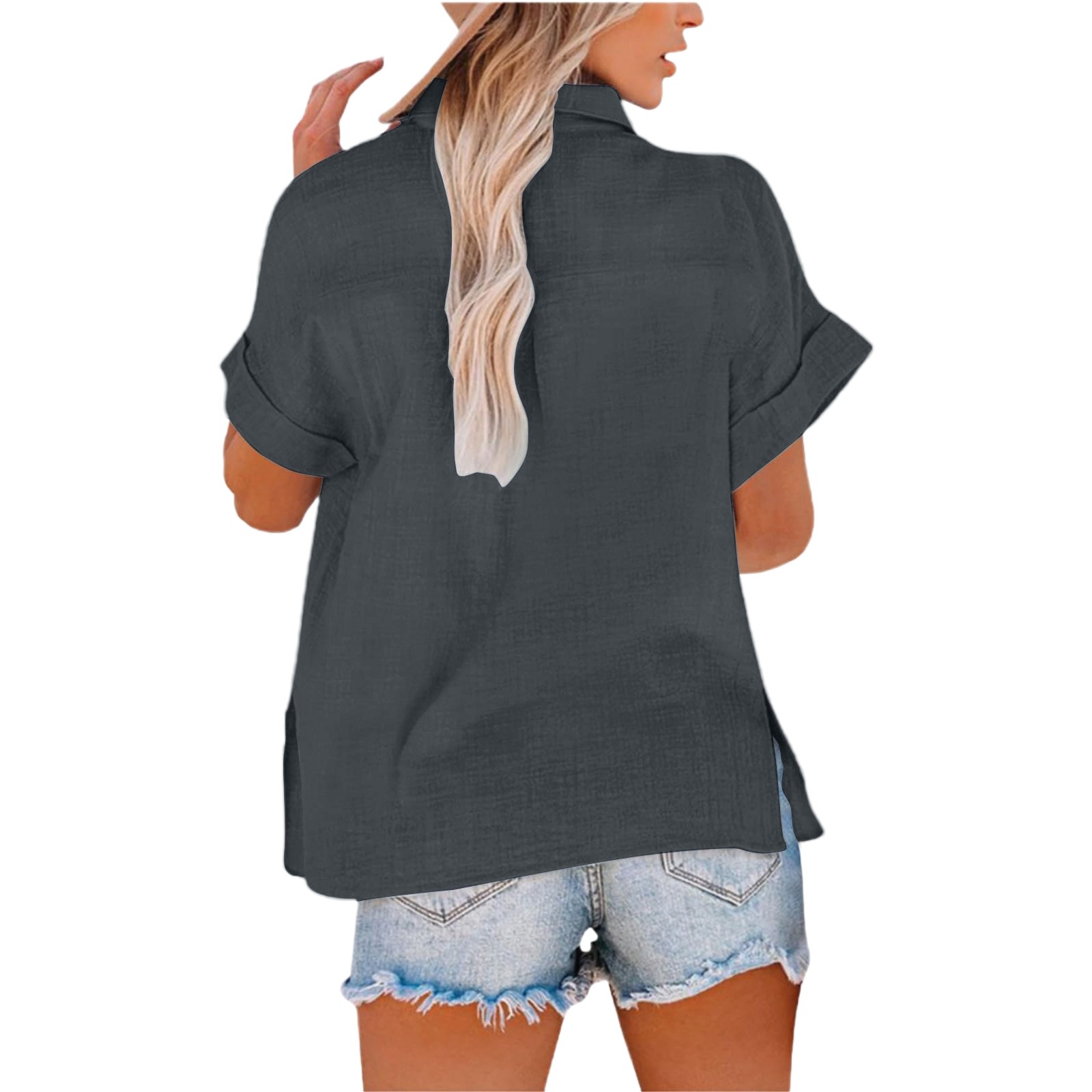 thumbnail image 3 of Camisa informal de manga larga con cuello en V para mujer: color liso, poliéster, versátil para combinar con vaqueros/pantalones, ideal para llevar a diario en primavera/verano., 3 of 7